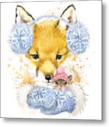 Cute Forest Fox Watercolor Drawing Metal Print