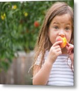 Cute Girl Eating Fresh Organic Peach While Standing At Farm Metal Print