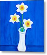 Daffodils On Blue Metal Print