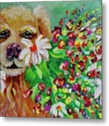Dog With Flowers Metal Print