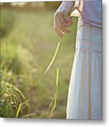 Female Hand Holding Grass In Metal Print