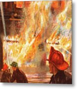 Firefighters Fighting Building Fire Metal Poster