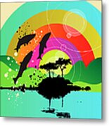 Fish Jumping Out Of Lake With Rainbow Metal Print