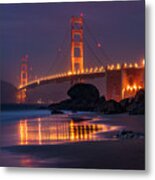 Foggy Night By Golden Gate Bridge Metal Print