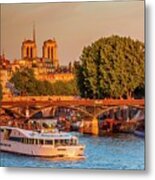 France, Ile-de-france, Seine, Paris, Louvre, Vendome, Pont Des Arts, Pont Des Arts, Notre Dame De Paris In The Background Metal Print