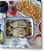 Fresh Fish With Chips And Condiments Metal Print