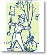 Gardener With Tree And Shovel Metal Print