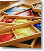 Geometric Material In Montessori Classroom For The Learning Of Children In Mathematics Area. Metal Print