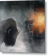 Giant Buffalo Attacking Train Metal Print