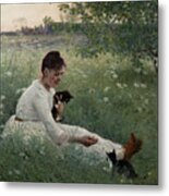 Girl With Cats In A Summer Landscape Metal Print
