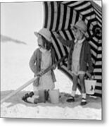 Girls With Beach Umbrella Metal Print