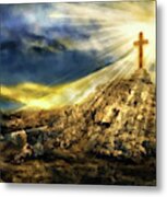 Golden Cross On The Hill Religious Metal Print