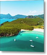 Greece, Epirus, Preveza, Mediterranean Sea, Aerial View Of Nicos Beach In Ammoudia With Sailing Boats, A Small Fishing Village Metal Print