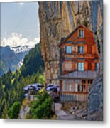 Guest House Aescher-wildkirchli Under A Cliff On Mountain Ebenalp In Switzerland Metal Print