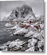 Hamnoy Snow Scene Metal Print