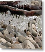 Hanging Ice Forms On Stone Beach Metal Print