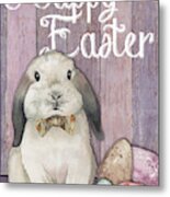 Happy Easter Bunny On Wood Metal Print