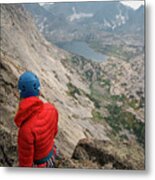 High Angle View Of Female Hiker With Mountain Climbing Equipment Standing On Cliff Against Sky Metal Print