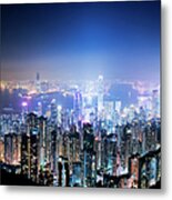 Hong Kong City Skyline At Night China Metal Print