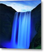 Iceland, South Iceland, Skogafoss Waterfall At Night Metal Print