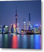 Illuminated Shanghai Skyline Reflecting Metal Print