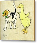 Illustration Of Puppy And Gosling Metal Print