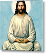 Jesus Meditating - The Christ Of India - On Blue Metal Print