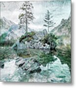 Lake Mountain And Pine Tree Landscape Metal Print
