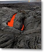 Red Hot Lava And Rainbow In Hawaii Volcanoes National Park Metal Print