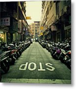 Line Of Motor Bikes With Stop Sign On Metal Print