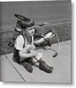 Little Boy With Overturned Tricycle Metal Print