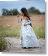 Little Princess Indian Girl Smelling Flower In Open Field Cloudy Day Metal Print