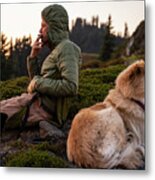 Male Smoking Cigarette With Cute Dog In The Cascade Mountain Alpine Metal Print
