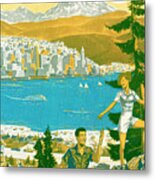 Man And Woman Hiking With View Of Lake City And Mountain Metal Poster