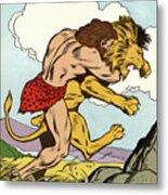Man Attacking Lion Metal Poster