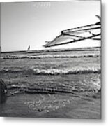 Man Carrying A Surfboard Over His Head Metal Print