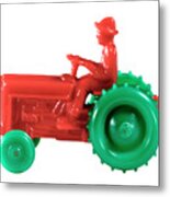 Man Driving Red And Green Tractor Metal Print