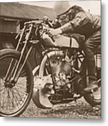 Man Sitting On Vintage Motorcycle B&w Metal Print