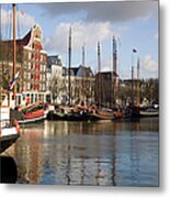 Medieval Harbour With Traditional Ships Metal Print