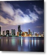 Miami Blue Downtown Skyline At Night Metal Print