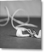 Miniature Figure Listening To Music And Sitting On Earbuds Metal Print