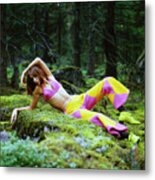 Model In A Pink Bikini Top And Pants In Finnish Forest Metal Print