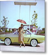 Model In Front Of A Gold Renault Caravelle Metal Print