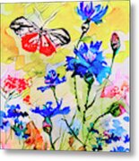 Modern Floral Art Butterfly Cornflowers Metal Print