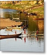 Monks On A Brige In Irrawaddy River In Metal Print