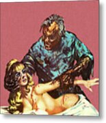 Monster Attacking Woman Metal Poster