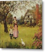 Mother And Child Watching The Ducks Metal Print