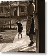 Mother On Porch Seeing Son 4-6 Off To Metal Print