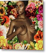 Naked African Woman Surrounded By Flowers Metal Print
