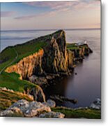 Neist Point Lighthouse In Isle Of Skye, Scotland, Seen At Sunset. Metal Print